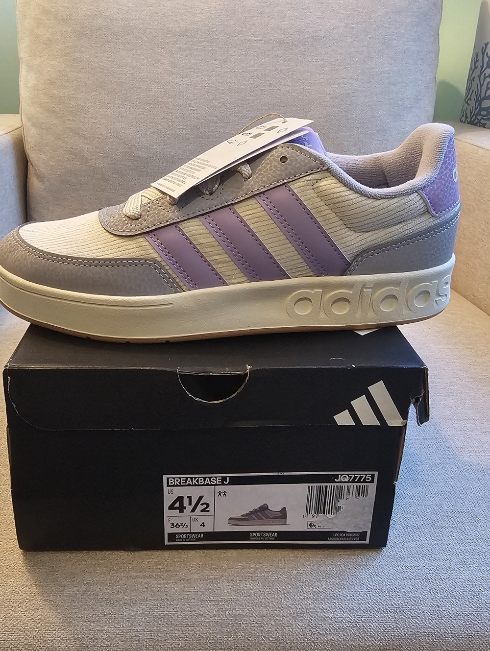 NWT Adidas Kids Breakbase J- Purple/Gray/Cream- Size 4.5 - Picture 2 of 4